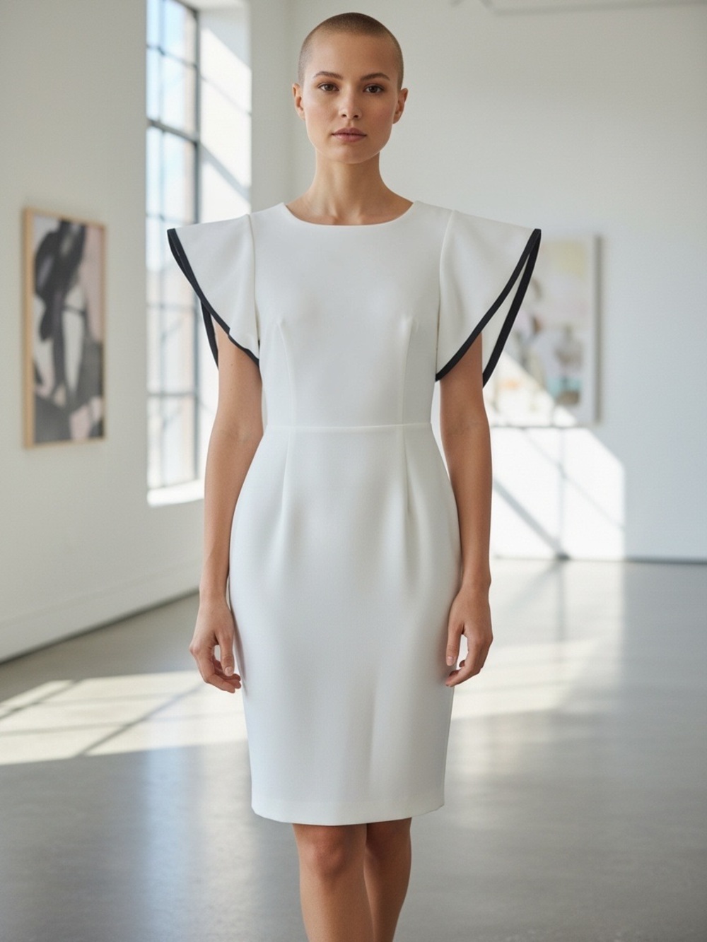 Calvin Klein White Midi Sheath Dress with Black Sleeve Trim